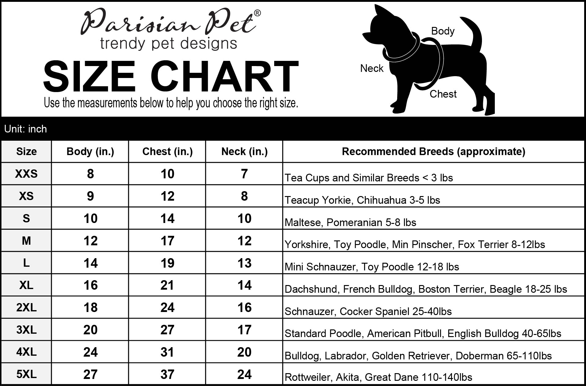 Size chart Parisian pet 1
